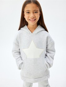Resim Koton Kapşonlu Sweatshirt Kanguru Cepli Uzun Kollu Yıldız Baskılı Şardonlu Gri 5wkg10202ak Gri 