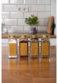 Resim Mienda Home 4'lü Cam Baharatlık Seti Gold Kapaklı Etiketli Baharatlık Takımı Mh00gld04 Gold - Şeffaf 