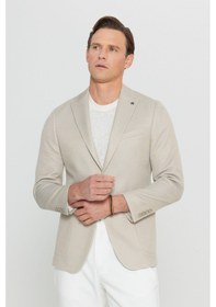 Resim Erkek Bej 360 Her Yöne Esneyen Pamuklu Slim Fit Kırlangıç Yaka Armürlü Blazer Ceket Bej 
