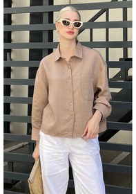 Resim Madmext Camel Çizgili Oversize Kadın Gömlek Mg2093-camel Camel 