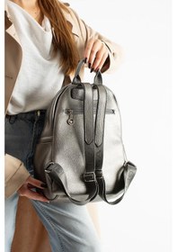Resim Baginn Vegan Deri Kadın Sırt Çantası 35 25 Cm Yağmur İtici Kumaş Mega Bag Günlük Kullanıma Uygun Gümüş 