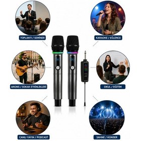 Resim Jrl Wn-08 Çift El Tipi Kablosuz Uhf Mikrofon Seti - Şarj Edilebilir Karaoke Ve Sahne Mikrofonu 