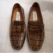 Resim Butik Tülin Uniseks Hakiki Dana Derisi Açık Kahve Kroko Baskı Bant Kaymaz Kauçuk Geçme Taban Loafer 