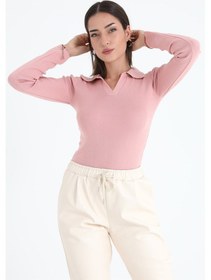 Resim Uzun Kol Polo Yaka Triko - Pudra - Kadın 