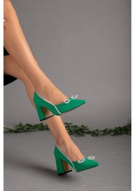 Resim Saten Taşlı Kalın Topuk Yeşil Kadın Stiletto-2033-YEŞİL 