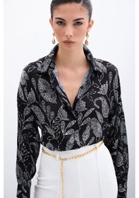 Resim Sateen Desenli Saten Gömlek - Siyah-135960 Siyah 