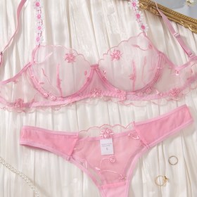 Resim Pembe Asma Çiçeği Nakışlı İç Çamaşırı Seti, Omuz Üstü Askısız Küçük Papatya Süslemeli Sütyen ile Şeffaf File Panel ve Tek İç Çamaşırı, Kadın Şıklığı Gösteren Seksi Kıyafet 