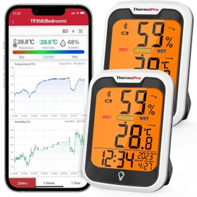 Resim ThermoPro TP358 Telefon Kontrollü, Saatli, Takvimli, İç Mekan Sıcaklık ve Nem Ölçer Termometre 2 Ade 
