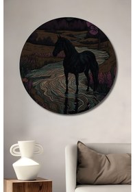 Resim Kara Kalem Görünümlü Soyut At Tablosu Ahşap Dekoratif Tablo Yuvarlak Duvar Tablosu-0451--- 50 X 50 