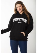 Resim Kadın Büyük Beden Siyah İçi Şardonlu Nakış ve Kapşon Detaylı Sweatshirt 65n37203-siyah Siyah 