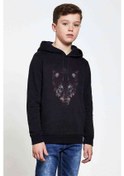 Resim Kurt Wolf Geyik Animal Baskılı Unisex Çocuk Kapüşonlu Siyah Sweat Siyah 