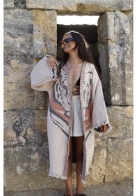Resim Elif Towels Özel Tasarım Ekru Renk Kaplan Desenli Kimono Kaftan Ekru 