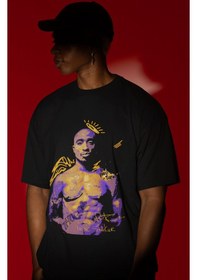 Resim Tasarım Tupac Rapper Şarkıcı 2pac Baskılı Unisex Oversize Tişört Siyah 