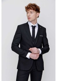 Resim Morven Siyah Yelekli Jakarlı Slim Fit Dar Kesim 6 Drop Erkek Takım Elbise Siyah 