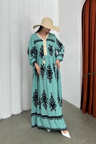 Resim msm fashion Kadın Elbise Uzun Yazlık Desenli V Yaka Tesettür Elbise 