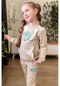 Resim Riccotarz Kız Çocuk Göğsünde Papatya Ve Kanguru Fırfır Cep Detaylı Sweat Bej Eşofman Takım Bej 