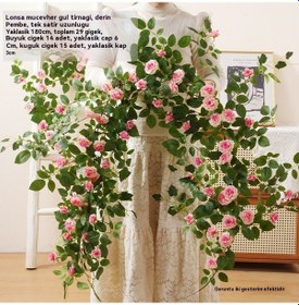 Resim Simülasyon Gül Çiçek Asma Sahte Çiçek Klima Boruları Dekoratif Rattan Plastik Asma Bitkileri Peyzaj Tavan Duvar Örter Pembe 