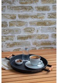 Resim 2'li Ahşap Kulplu 45 Cm Siyah Metal Tepsi Ve 30 Cm Siyah Tepsi Çay Kahve Sunum Tepsisi Siyah 