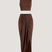Resim Kadınlar için Kolsuz Örgü Asimetrik Orta Boy Etek, Ruched Bel ve Hem, Şık İki Parça Set, Bahar/Yaz, Düz Renk, Yuvarlak Yaka, Polyester, Günlük Moda, Günlük Moda|Asimetrik Etek|Örgü Yapısı, Büyük Beden Etek 