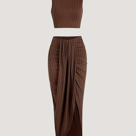 Resim Kadınlar için Kolsuz Örgü Asimetrik Orta Boy Etek, Ruched Bel ve Hem, Şık İki Parça Set, Bahar/Yaz, Düz Renk, Yuvarlak Yaka, Polyester, Günlük Moda, Günlük Moda|Asimetrik Etek|Örgü Yapısı, Büyük Beden Etek 