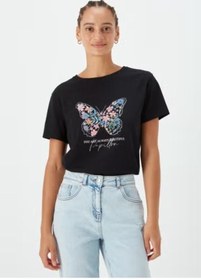 Resim 2477 Kelebek Baskılı Siyah Kadın T-shirt - 90 Siyah 