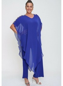 Resim Kadın Tulum Büyük Beden Kol Taş Şeritli Şifon Üstlü Saks 