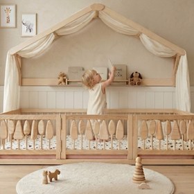 Resim Montessori Roof Shelf with Cotton Canopy - OEKO-TEX Toddler Bed Shelf, Kids Room Decor, Bed Canopy Shelf, Nursery Wall Shelf - 204cm / Ecru 