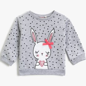 Resim Kız Bebek Tavşan Baskılı Sweatshirt Bisiklet Yaka Uzun Kollu 