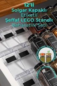 Resim Şeffaf LEGO Tasarım Standlı 12'li Cam Baharatlık Seti, Siyah Kapak ve Etiketli Baharatlık Takımı MH03SYH12 