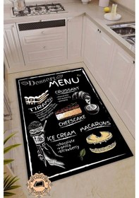 Resim Menu Desenli Dekoratif Halı Makinede Yıkanabilir Yolluk Siyah 