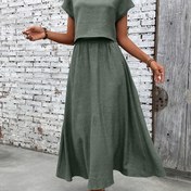 Resim 2 adet Kadınların Düz Renkli Kısa Kollu Üst ve Günlük A Şekilli Etek Takımı, Yuvarlak Yaka, Polyester, İlkbahar/Yaz Koleksiyonu 