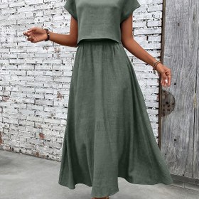 Resim 2 adet Kadınların Düz Renkli Kısa Kollu Üst ve Günlük A Şekilli Etek Takımı, Yuvarlak Yaka, Polyester, İlkbahar/Yaz Koleksiyonu 