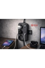 Resim Rose Teknoloji Akım Koruma ve Güvenlik Kapaklı 3 Priz 2 USB 2 Type-c Girişli Sabitlenebilir 2 M Uzatma Kablolu Priz 