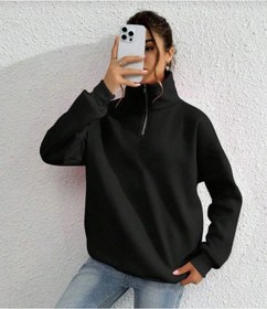 Resim Unisex Uzun Kol Yarım Farmuarlı Yakalı Basic Sweatshirt - Siyah 