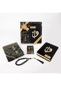Resim Kuran + Seccade + Tesbih + Zikirmatik + Koku Hediye Seti Çanta Boy, Kadife, Siyah 