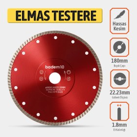 Resim Badem10 Hassas Beton Seramik Porselen Kesme Elmas Testere 180X1,8MM Hassas Kesim Testere Bıçağı 