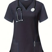 Resim Kadınlar İçin V Yaka Kısa Kollu Hemşirelik Üniforması - %100 Polyester, Düz Renk, Makinede Yıkanabilir, İlkbahar/Sonbahar Günlük Sağlık İş Kıyafeti 