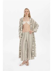 Resim İpekçi Otantik Çizgili Etamin Dokulu Kimono Gri 
