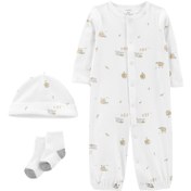 Resim 3'lü Beyaz Unisex Bebek Tulum Set 