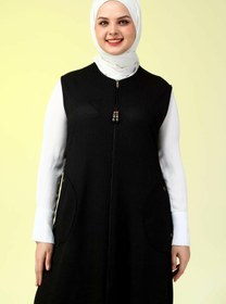 Resim Kadin Buyuk Beden Petek Kumaş Cepli Fermuarlı Düğmeli Yelek - Haki / 6XL 