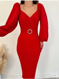 Resim Defymoda Kadın Kalp Yaka Sırt Dekolteli Kemer Toka Detay Midi Boy Elbise Kırmızı 