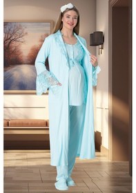 Resim Mecit Pijama Mecit 5353 Turkuaz Sabahlıklı Lohusa Pijama Takımı 