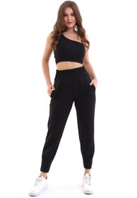 Resim Winmoda34 Scuba Dalgıç Jogger Eşofman Altı Yüksek Bel Geniş Kemer Paça Pile Detaylı 