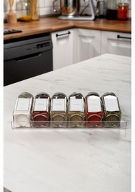 Resim 6'lı Şeffaf Pleksi Standlı Cam Baharatlık Seti Kapaklı Etiketli Baharatlık Mh02slvr06 Beyaz - Şeffaf 