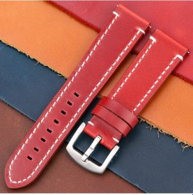 Resim Hakiki Deri Kordonlu Saat 7 Renk Vintage Kayış 18mm 20mm 22mm 24mm Kadın Erkek Red Silver Clasp 24mm 