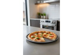Resim Kitchen Design Lab Orta Boy Delikli Pizza Tepsisi Lahmacun Pide Tepsisi 32 cm ve Gri Silikon Yanmaz Fırın Eldiveni 