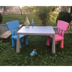 Resim zengi plastik Gri Mammut Masa Ve Pembe-mavi Sandalye Takımı 