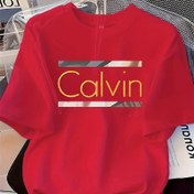 Resim Kadınlar için Şık Yuvarlak Yaka Kısa Kollu Tişört - Canlı Kırmızı Beyaz Calvin Monogram Baskılı, Yumuşak Kumaş, Bahar & Yaz İçin Rahat Çok Yönlü Üst, Makinede Yıkanabilir, Günlük Giyim, Şık Harf Baskısı, Konforlu Kalıp 