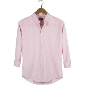 Resim Erkek Kırmızı Ince Dik Çizgili Uzun Kollu Slim Fit Gömlek Kırmızı 