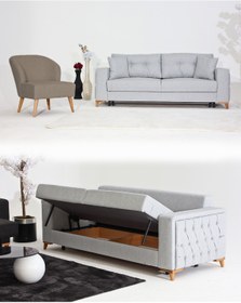 Resim Velura Home & Living Nola Koltuk Takımı 3+1 & Bazalı Yataklı Koltuk & Kanepe - Keten 